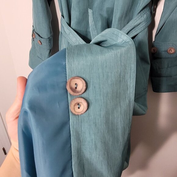 Luba Paris Vintage Teal Green Trench Double Breasted Tie Waist Long Sleeve Coat - Picture 10 of 14